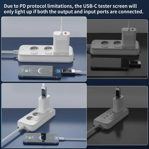 360W USB C Power Meter Tester for Type-C PD Charging connected to device and power source, showcasing digital display and setup.