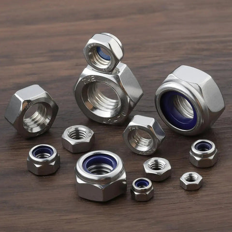 206 Piece Metric Lock Nuts And Hex Nuts Assortment Kit Nylon Insert Nylock 304 Stainless Steel M3 To M10 displayed on wood surface