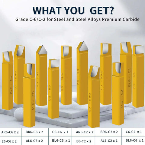 Twenty Piece Half Inch Carbide Tipped Cutter Tool Set For Metal Lathe Turning Boring Chamfering And Precision Finishing In Steel And Iron Projects With AR8 AL8 BR8 BL8 E8 C8 Tool Types For Versatile Machining By Senduo - image of the 20 yellow carbide tipped tools with labels.