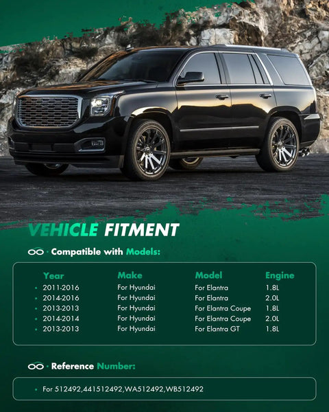 Large black SUV parked in front of rocky landscape with vehicle fitment details for Hyundai Elantra models on display.