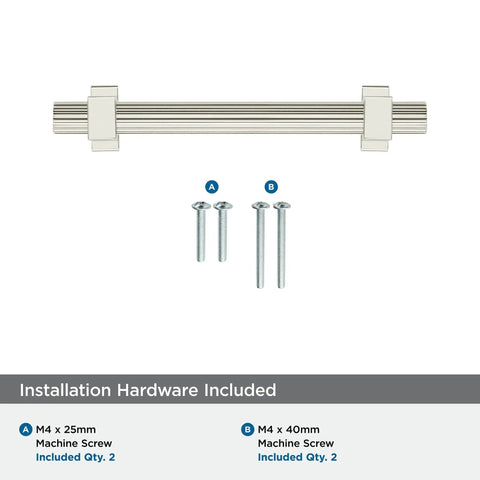 Carrigan Polished Nickel Cabinet Pull Three And Three Quarters Inch Center To Center 96mm 1 Pack with mounting hardware displayed
