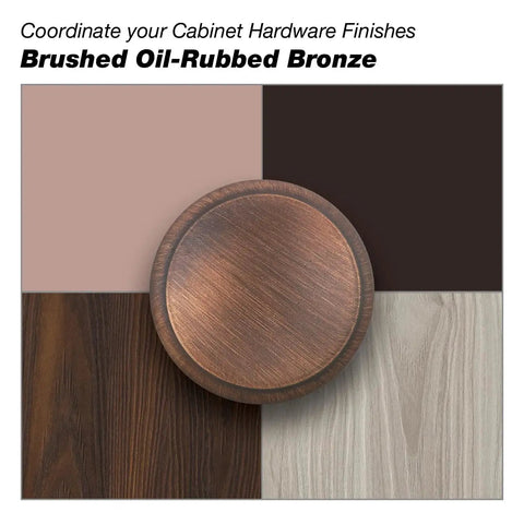 Washington Collection Brushed Oil-Rubbed Bronze finish sample on cabinet materials for kitchen, bathroom, and furniture.