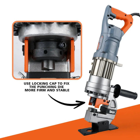 Heavy Duty 1300W Electric Hydraulic Hole Puncher For Metal Plates Up To 6 mm Thick with locking cap for stability, orange grey