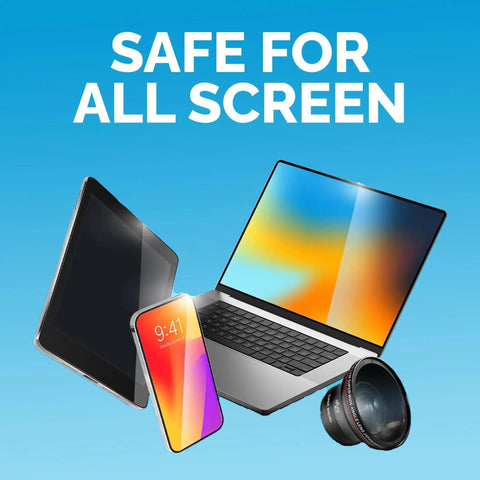 Microfiber Cloths Six Pack 6x7 Inch Lint Free Lens Screen Cleaners For Glasses shown with a phone, tablet, laptop, and camera lens