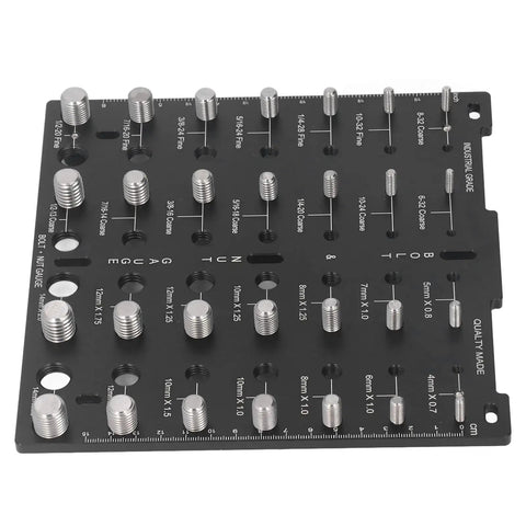 Aluminum Alloy Thread Checker Bolt Nut Identifier Board With 28 Holes For Metric And SAE Threads, close-up view of thread sizes.