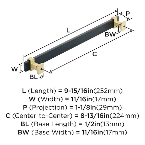 Diagram showing dimensions of Overton Two Tone Cabinet Pull in Brushed Matte Black and Brushed Gold, 8-13/16 Inch Center to Center