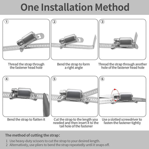 WSWECCL hose clamp kit installation steps diagram with 304 stainless worm-gear strap and fasteners