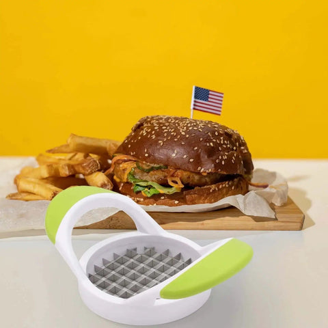 Creative Potato Cutter Slicer For Home Kitchens Stainless Steel Double Sided Cutter with burger and fries in background