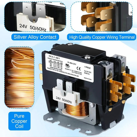1 Pole 24V 40 Amp HVAC Contactor with copper coil for air conditioner condenser and furnace, close-up view