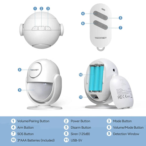 Diagram showing 125dB Loud Indoor Motion Sensor Alarm with 328ft remote, buttons and battery compartment.