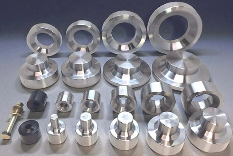 Complete Ten Piece Dimple Die Set For Hydraulic Press Use Includes One Half To Three Inch Dies And Dzus Dimple Die displayed on table