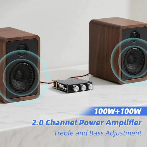 Beefy Bluetooth 5.0 HiFi Stereo Amplifier Board with 100W per channel, treble and bass control, shown between two speakers