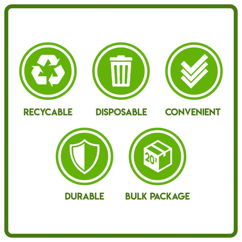 Graphic showing recyclable, disposable, convenient, durable, and bulk package icons for 25 Pack 1/4 Size Cookie Sheet Baking Pans.