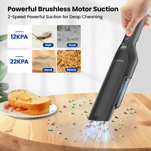 Using Cordless Handheld Vacuum 24KPa Brushless Motor, Charging Dock, Rechargeable, Two Speed Handy Portable Cleaner on table