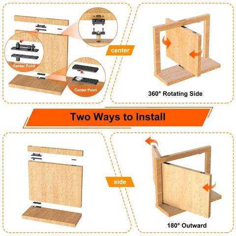 Diagram showing two installation methods of Hidden Door Hinge Beefy 570 Lbs Load Bearing 360 Degree Pivot for secret doors.