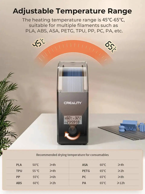 Filament Dryer Box Pro With 360 Degree Heating And Fan displaying adjustable temperature range for PLA, PETG, ABS, TPU filaments