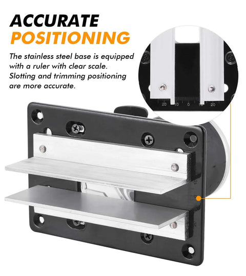 2 In 1 Invisible Fastener Slotting Jig For Woodworking Routers And Mortising, Grooving Base, shown in profile with metal ruler