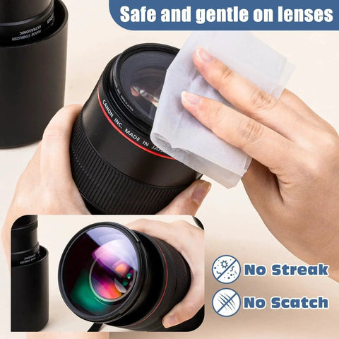 Person using Lens Wipes For Eyeglasses Pre Moistened Scratch Free Cleaner Glasses to clean camera lens.