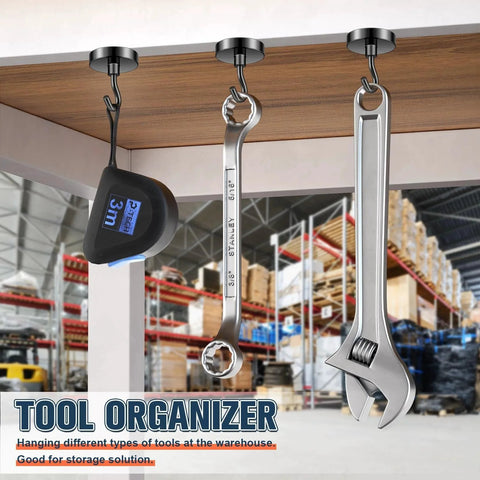 Heavy Duty Magnetic Hooks 80 Lb Capacity With Neodymium Grade 5 Magnets holding tools under a shelf in a workshop setting