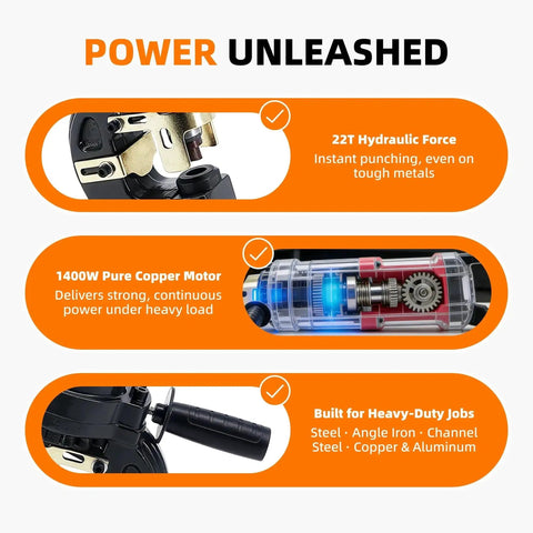 Beast 1400W Electric Hydraulic Hole Puncher features 22-ton force and pure copper motor for steel, iron, copper, and aluminum jobs.
