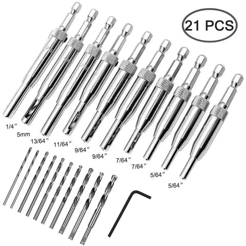 Center Drill Bit Set 21 Piece With Self Centering Hinge Tapper Core Hole Puncher And Hex Key Includes Bits 5/64 In 7/64 In 9/64 In 11/64 In 13/64 In 5 Millimeter And 1/4 In Plus 10 Replacement Bits AFUNTA