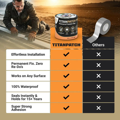 Comparison chart of TitanPatch Waterproof Sealant Tape showing features like waterproof, strong adhesion, and durability versus others.