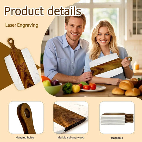 Couple holding Dope Six Piece Marble And Wood Cutting Board Set For Charcuterie And Serving With Handles Acacia Wood And Marble Laser Engrave Friendly For Personalization Handmade Natural Materials Perfect DIY Gift 13.75 By 7.25 Inches