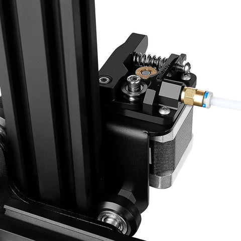 Close-up of Dope 42-40 Stepper Motor with Extruder Gear for 3D Printers installed on metal frame, showing E-axis compatibility.