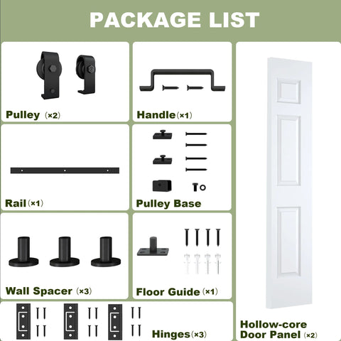 Package contents for Two Panel Bifold Barn Door Set 30 By 84 Inches With Hollow Core MDF Molded Panels Primed Surface Ready To Paint Includes 2.83-Foot Hardware Kit For Easy Install Sliding Doors Double 15 Inch Panels DIY Friendly.