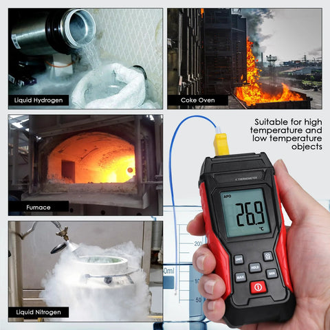 JuviPerpric digital K-type thermometer with LCD display, red/black handheld unit and blue leads for two K-type probes.