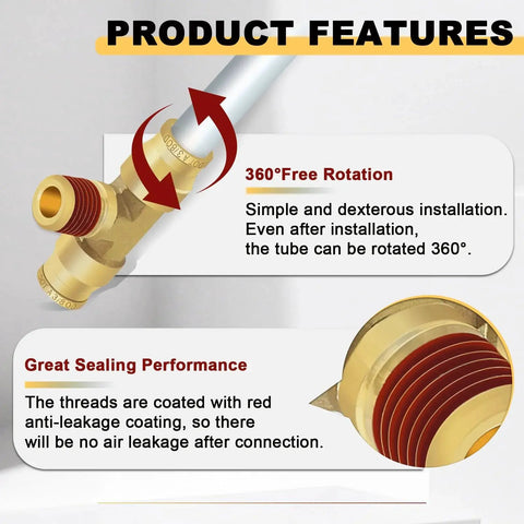 Brass push-to-connect Tee fittings set, 3/8 in OD to 1/4 in NPT, 3 pcs for air brake lines