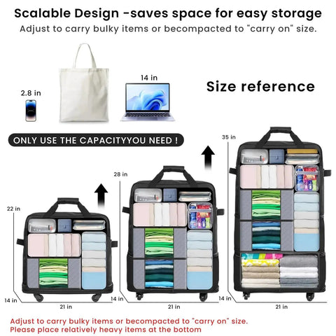 Expandable Rolling Luggage With Wheels For Travel 24 To 28 Inch Lightweight Suitcase size comparison with various packed items shown.