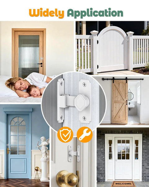 90 Degree Barn Door Lock Latch For Cabinets And Sliding Doors Right Angle Lock For Bathrooms Barns Sheds And Garden Windows Aluminum Alloy Safety Privacy Hardware White 1 Pack installed on various doors and gates showing its wide application.
