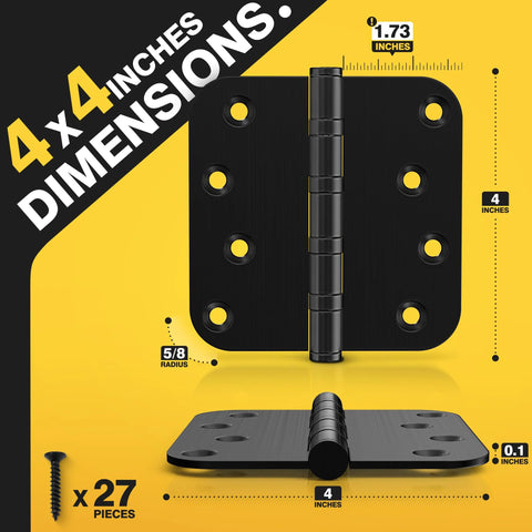 KOLET ball bearing door hinges, 4x4 in, matte black stainless steel, 5/8 inch radius, non-removable pin, 3-pack