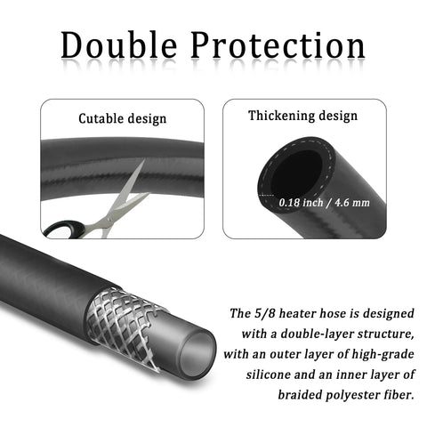 Automotive 5/8 silicone heater hose, 16mm ID, 24mm OD; double-layer design with outer silicone and braided polyester inner.