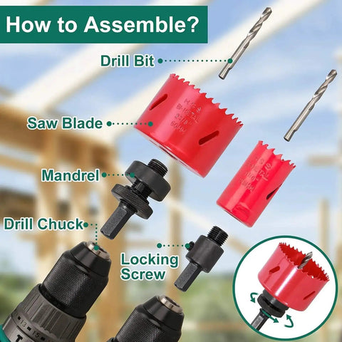 Bi Metal Hole Saw Kit With Mandrels And Case HYCHIKA, showing assembly with drill bits and saw blades for DIY use.