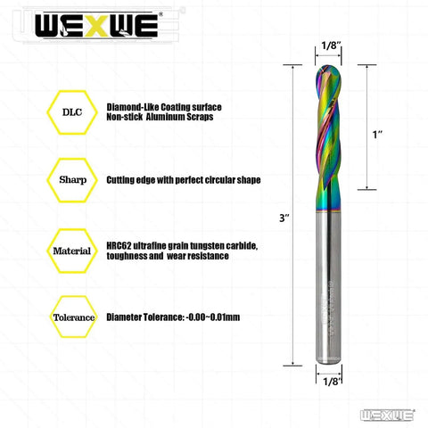 DLC Coated Ball Nose End Mill For Aluminum And Wood Cutting By WEXWE, Extra Long 2 Flute Router Bit 1/8 Inch Shank For CNC Milling