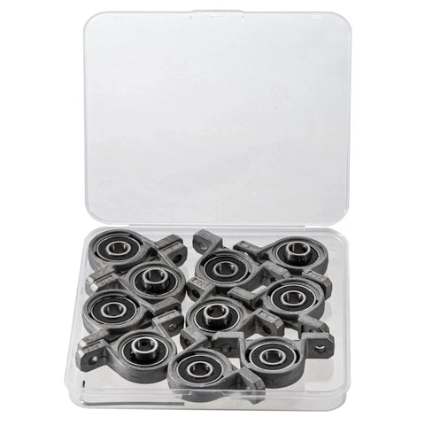 Ten Pack Pillow Block Bearings With 8 Mm Bore Ball Mounted Inserts In Zinc Alloy Beefy Heavy Duty Industrial Grade, open case view.