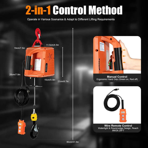 3 In 1 Electric Hoist Winch 2200 Lbs 110V With Remote And Manual Controls, side view showing size and control options