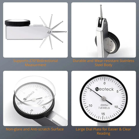 Dial Test Indicator Kit Pro Grade for Precision Machine Setup in Tight Spaces with 0 to 0.03 Inch Travel and 0.0005 Inch Accuracy