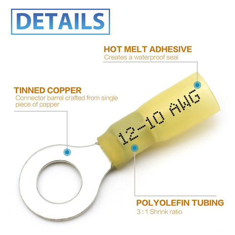 600-piece heat shrink wire connector kit with yellow tubing and ring terminal, 12-10 AWG marking