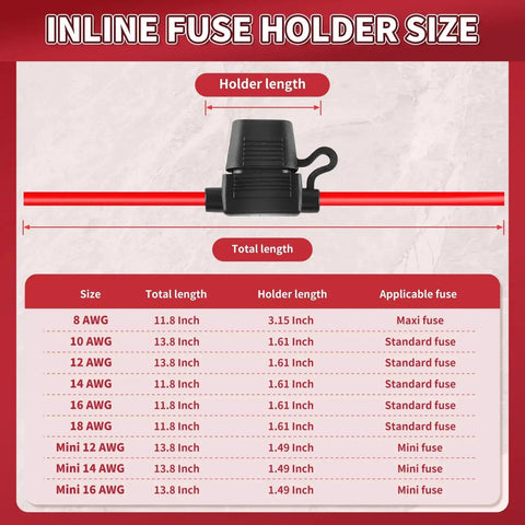 Heavy Duty 12V Inline Fuse Holder Kit Waterproof Blade Fuse Holder With 13.8 Inch Lead size chart and dimensions