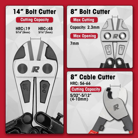 Three Piece Bolt Cutter Pliers Set With 14 Inch Heavy Duty Bolt Cutter 8 Inch Mini Bolt Cutter And 8 Inch High Leverage Cable Cutter Carrying Bag Cr V Blade For Cutting Locks Steel Wire Barbed Wire And Chains product details