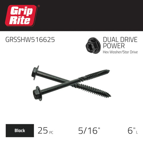 5/16 Inch By 6 Inch Heavy Duty Structural Screw With Dual Drive Power Hex And Washer Star Drive Head PrimeGuard Plus