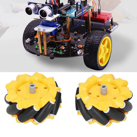 80mm Mecanum Wheel Set For Omnidirectional Robot Cars And DIY Bots, Durable ABS Rubber Wheels displayed beneath a robot car.