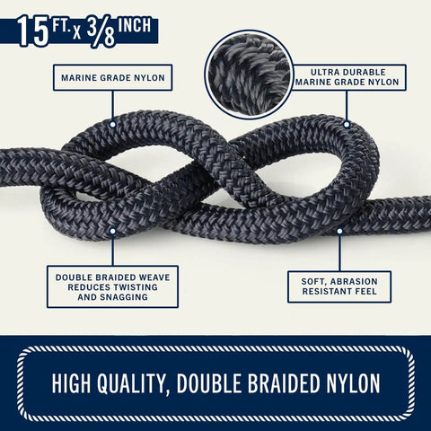 Close-up of high-quality 15 ft x 3/8 inch double braided marine grade nylon rope highlighting durability and flexibility.