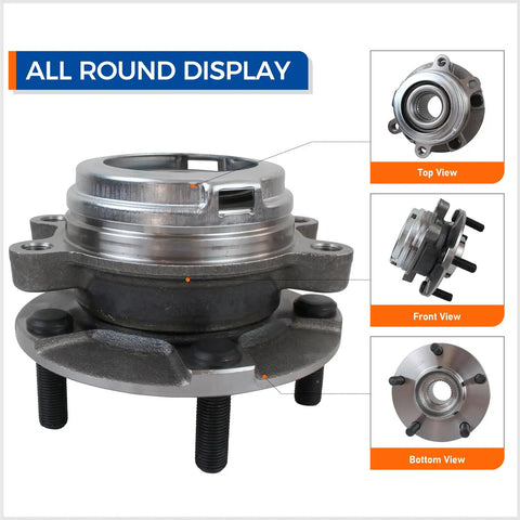Front Wheel Hub and Bearing Assembly For JX35 QX50 QX60 Altima Maxima Murano Pathfinder Quest Five Lug 513296 Drop In OEM Replacement Fits 2013 To 2021 Vehicles, showing top, front, and bottom views.