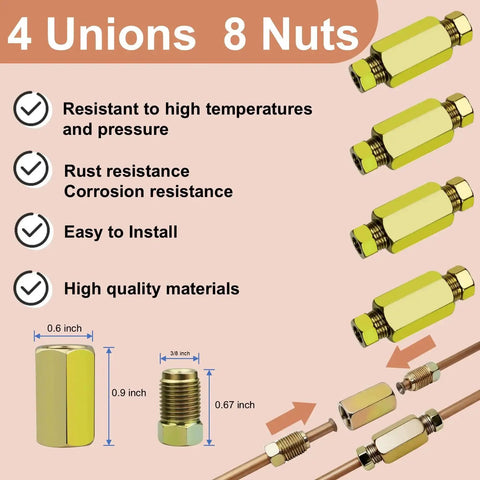 Front view: Copper-nickel brake line kit, 3/16 in OD x 25 ft, 16 nuts and 4 unions; brass fittings