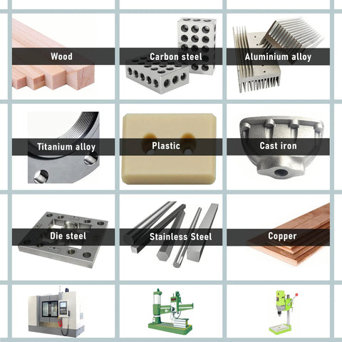 Grid showing wood, carbon steel, aluminum alloy, titanium alloy, plastic, cast iron, die steel, stainless steel, and copper materials.