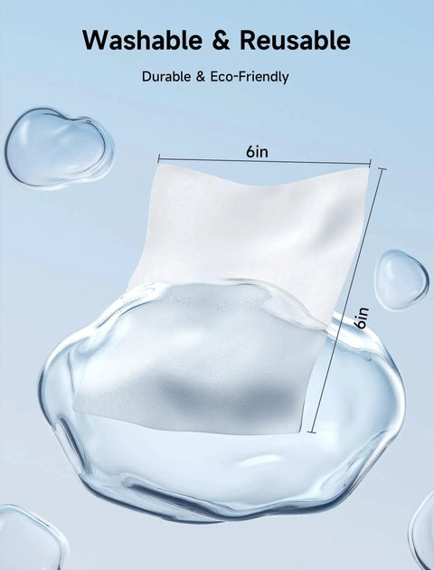 50 Pack Microfiber Cleaning Cloths 6x6 Inches Safe For Lenses Screens Devices, showing 6x6 inch dimensions and water resistance.